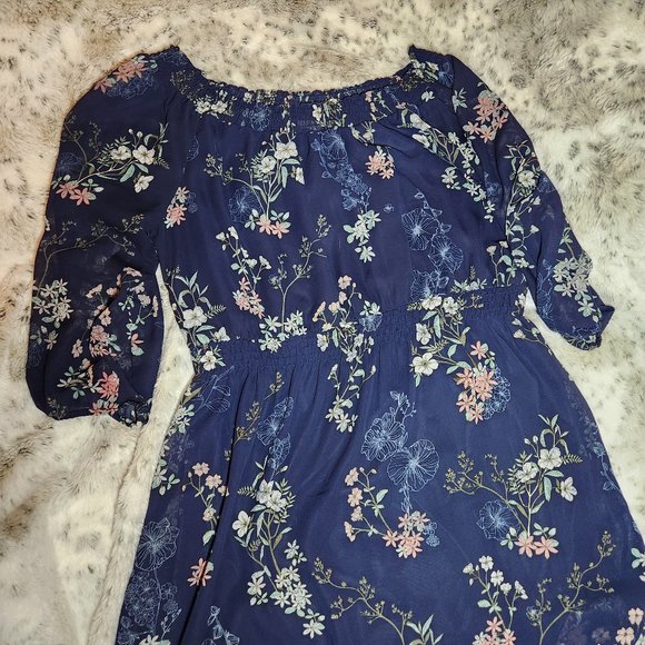 Maurices Navy Blue Floral (off shoulder-choice) Chiffon 3/4 sleeve dress XXL EUC - Picture 2 of 10